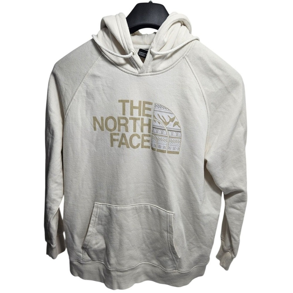 The North Face‎ Womens XL Cream Gold Graphic Logo Pullover Hoodie Raglan Fleece